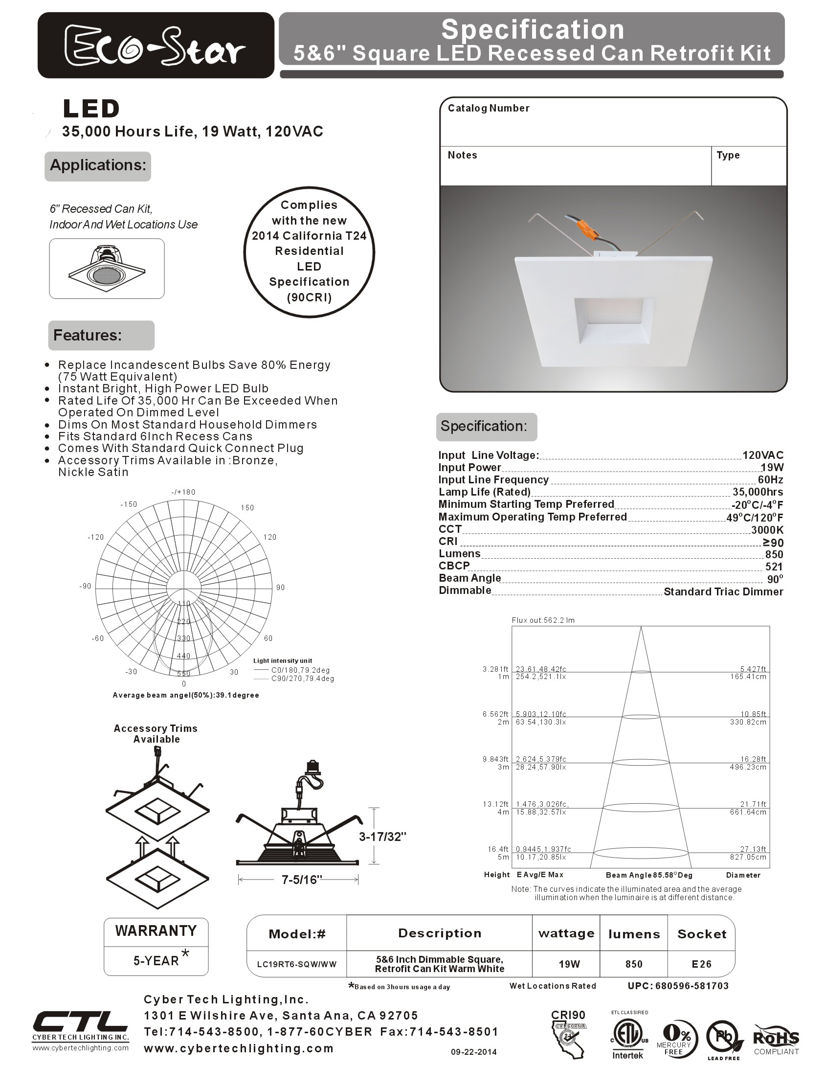 Cyber Tech LC19RT6SQW 19W 850 Lumens 6" Square LED Retrofit