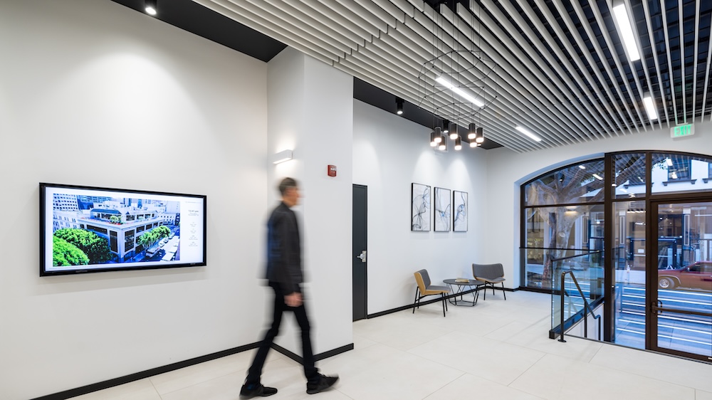 A San Fransisco office lobby fitted with LED lights with occupancy and daylight sensors.