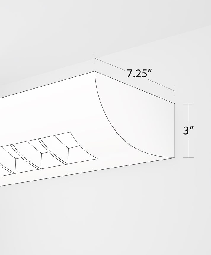 Alcon 11112, surface mount linear wall light line drawing shown in white with a curved louvered lens.