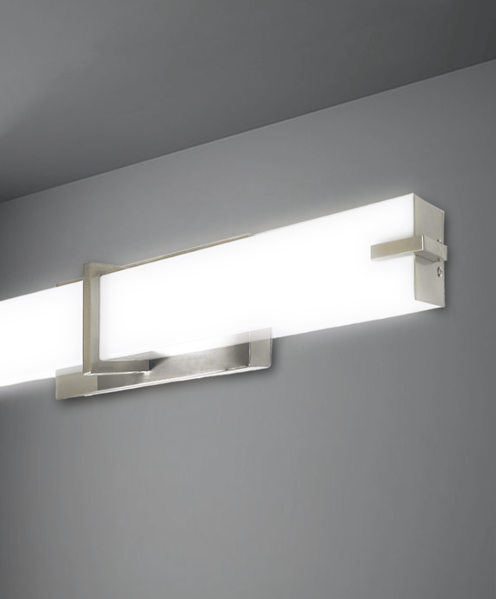 The 11124 bathroom vanity light wall light product rendering, shown in silver with a white rectangular wrapped lens.