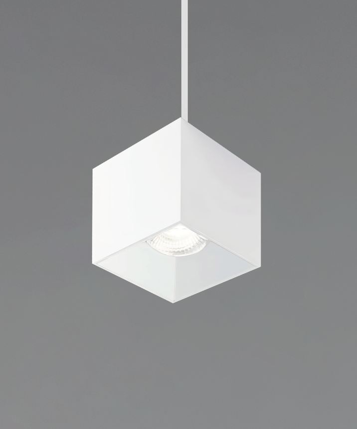 Alcon 11212-P, suspended commercial rectilinear pendant light shown in white finish with an inset illumination.