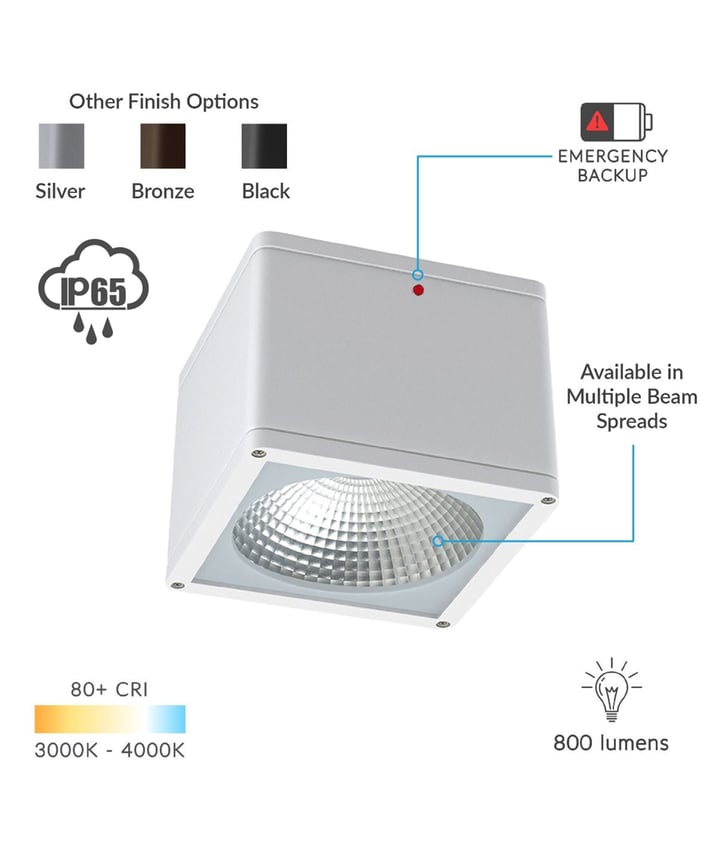 Alcon 11224-EM10 Pavo Architectural LED 6 Inch Square Ceiling Light with Internal Emergency Backup