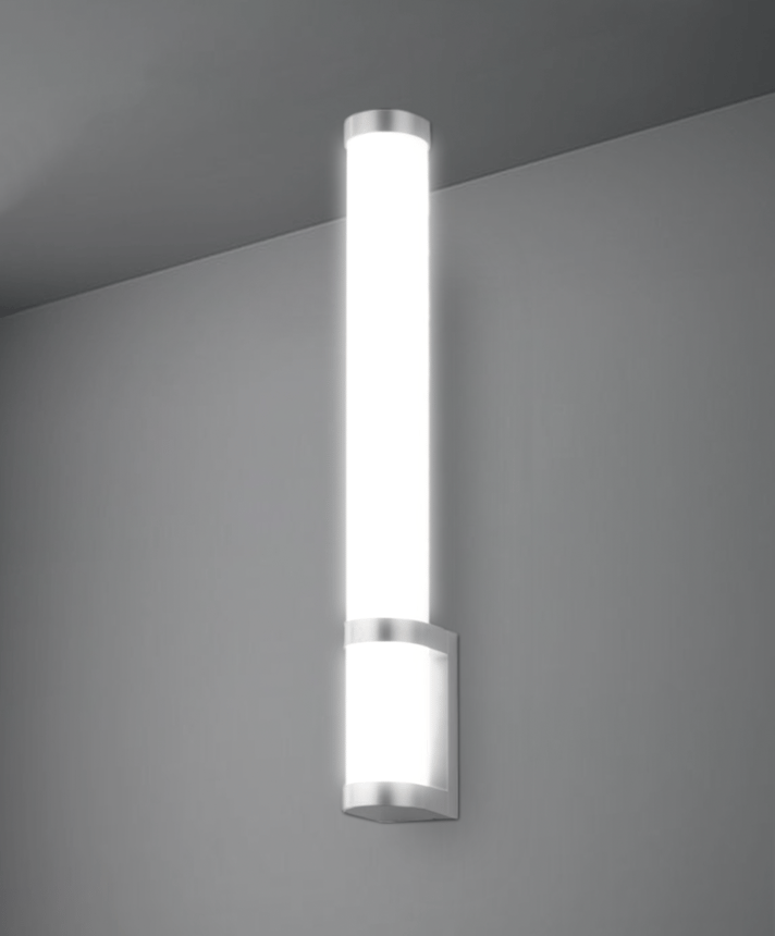 Alcon 11250, surface mount linear wall light line drawing shown in silver finish with white tubular lens