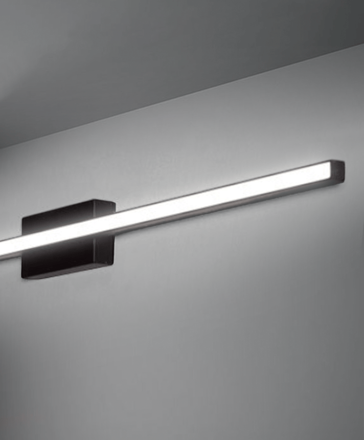 Alcon 11720, surface mount linear wall light line drawing shown in black and with flush slim rectangular lens.