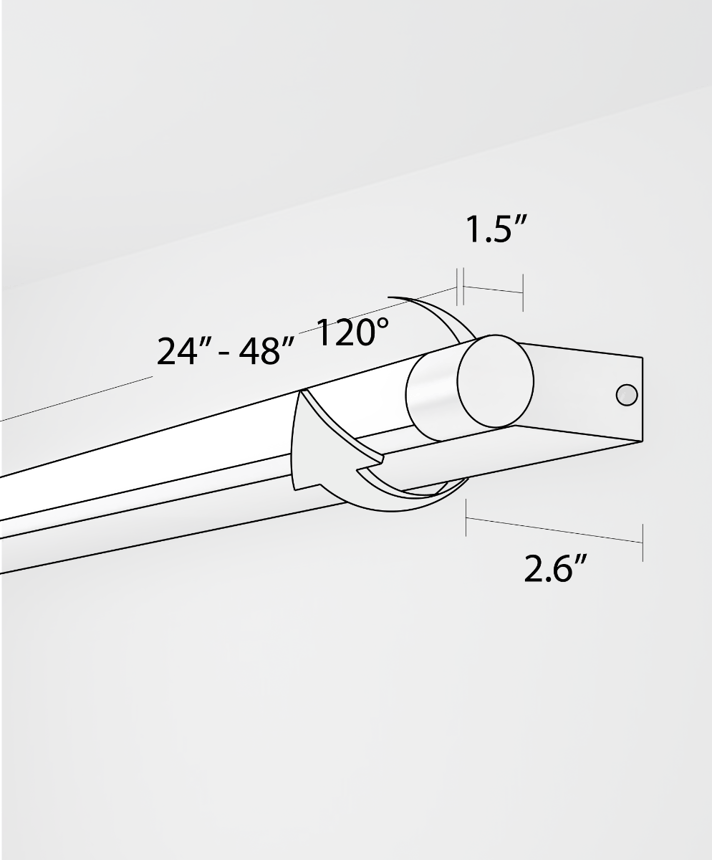 11702 rotatable dressing room vanity light shown in silver finish and with a rotating cylindrical lens.