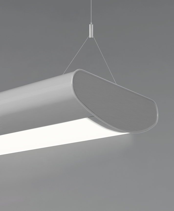 12032 half-oval LED linear light shown in steel finish with central, curved frosted lens and aircraft cable suspension