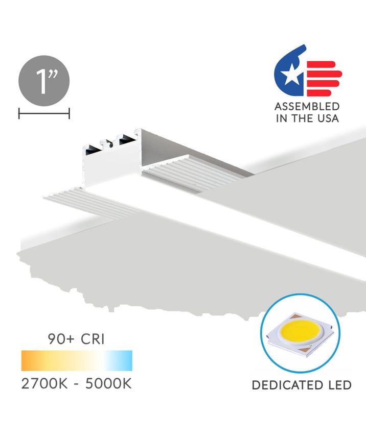 12100-10-R-LR recessed low-rise linear ceiling light by Alcon Lighting, shown in silver finish and with a flush trimless lens