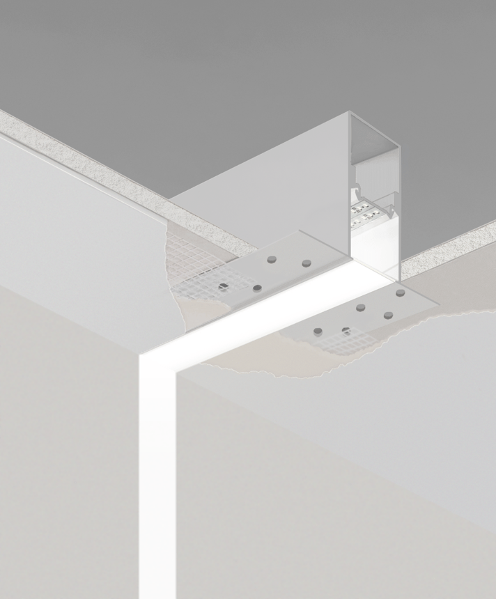 Rendering of 12100-20-R-CW recessed linear ceiling-to-wall LED light shown in a white finish with a flush trimless lens