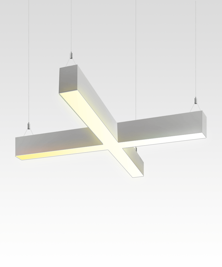 12100-20-X-P-TW x-shaped pendant light shown with a silver finish and tunable white light capabilities.