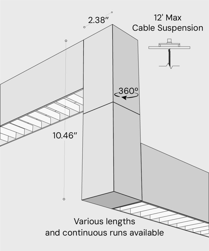 12100-22-P-Z-L 3D suspended linear LED lighting system shown with black finish, louver lens and z-connector