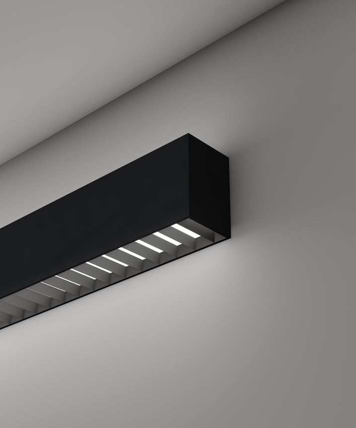 12100-22-W-L linear LED wall light shown with black finish and louver lens