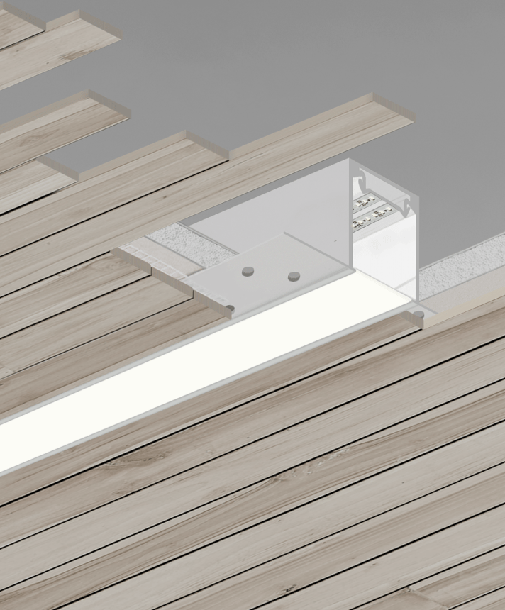 Alcon 12100-23-RTLW, recessed linear ceiling light shown in white finish and with a flush trim-less lens.
