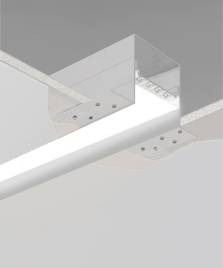 Product rendering of 1the 2100-33-R-R LED linear recessed light shown with no trim and a regressed lens