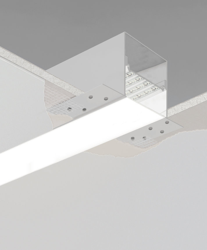 Product rendering of the 12100-40-R 4-inch Linear Recessed Linear LED Light by Alcon Lighting shown with trimless flat lens