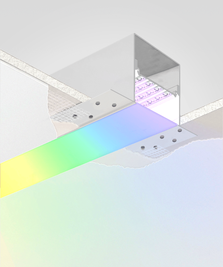 Alcon 12100-40-R-RGBW, recessed linear ceiling light shown in white finish, with a flush trim-less lens, and color changing capabilities. 