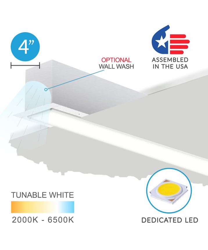 12100-40-R recessed linear ceiling light shown in white finish and with a flush trimless lens.