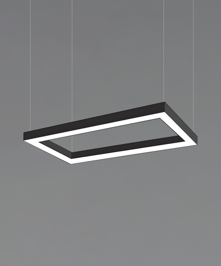 12100-40-P-RC rectangular LED linear pendant light with black finish, 4-inch flush lens and aircraft cable suspension