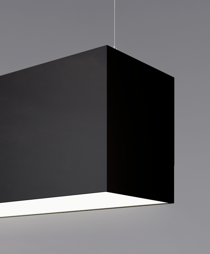 12100-66-P 6-inch LED linear pendant light shown with a black finish, flush lens and aircraft cable suspension