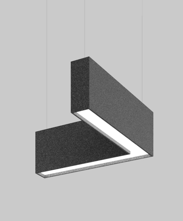 Alcon 12101-20-L-10 acoustic pendant light shown with black finish, L-shaped frame, and regressed lens