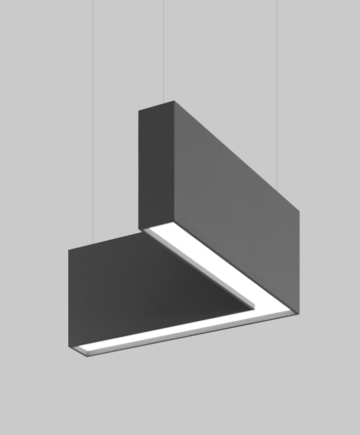 Alcon 12101-20-L-12 acoustic pendant light shown with pewter finish, L-shaped frame, and regressed lens