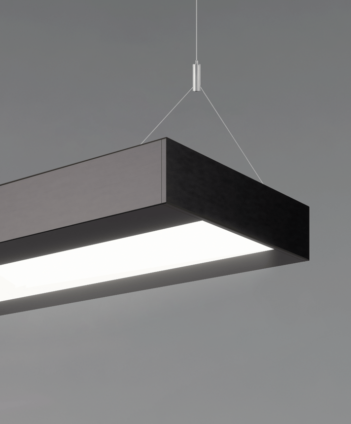 12113-P linear LED light shown in a satin black finish with an inset, central flushed lens and Y-cable suspension