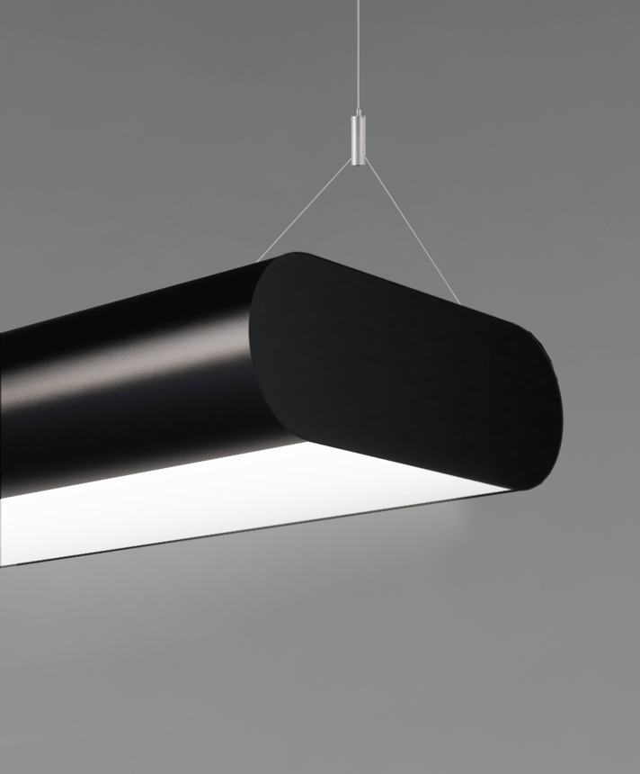 12141-P capsule pendant light shown in a satin black finish and with a central flushed lens and Y-cable suspension