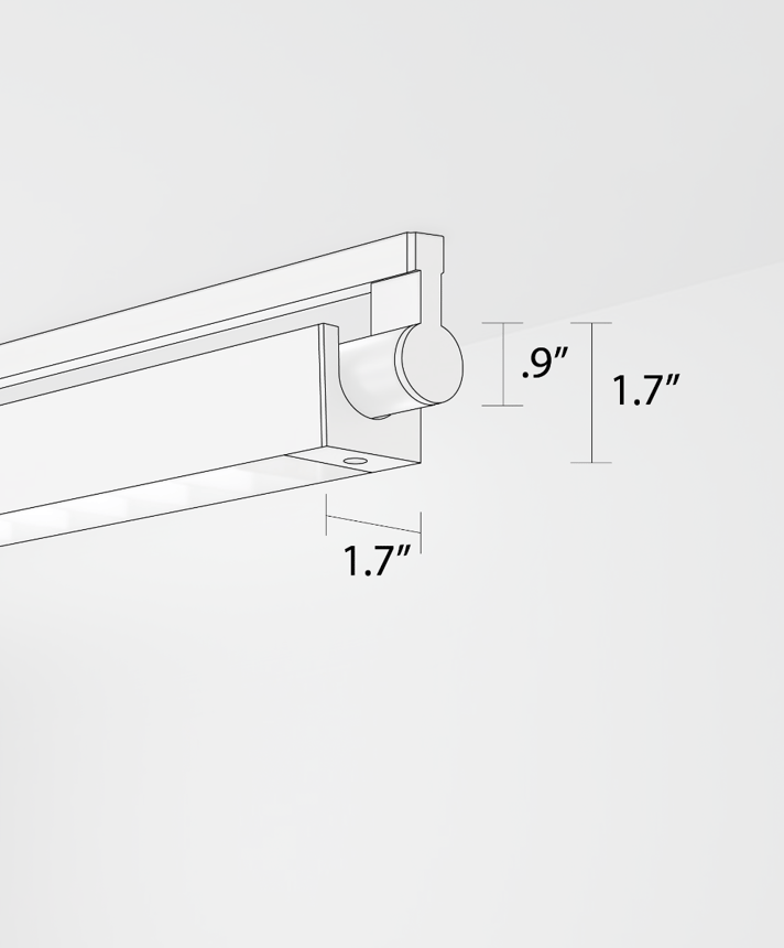 Alcon 12160-LDI-S, surface linear ceiling light shown in silver finish, a tubular half-lit trim-less lens, and a square louvered lens cap.