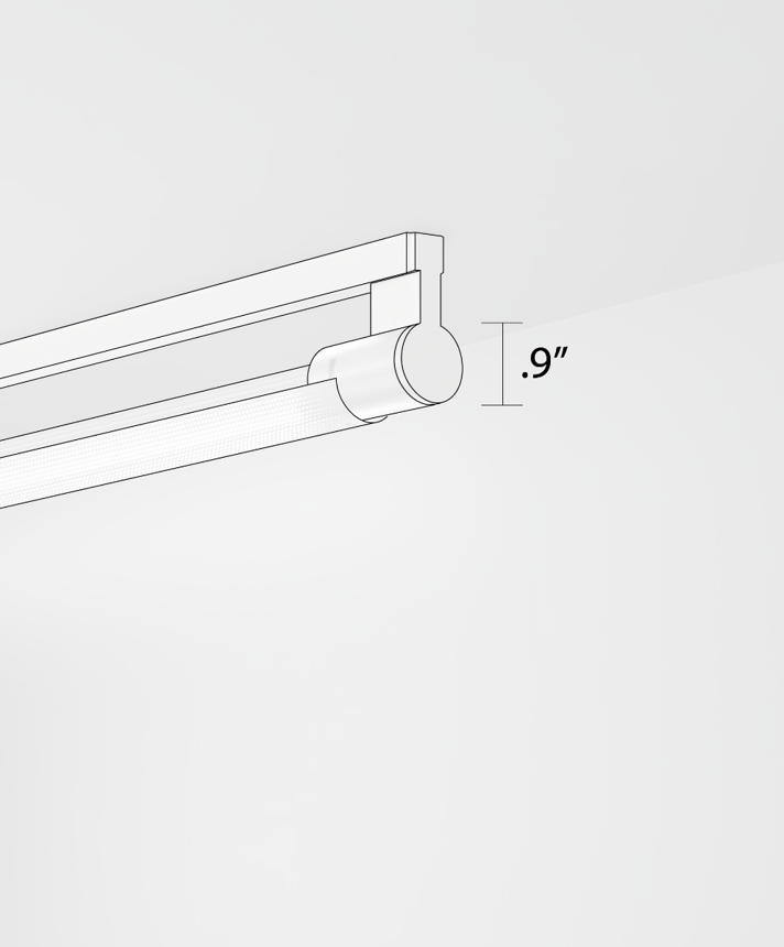 Alcon 12160-S, surface linear ceiling light shown in silver finish, a tubular half-lit trim-less lens, and a curved perforated lens cap.