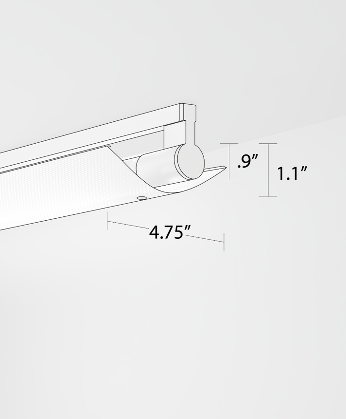 Alcon 12160-PDI-S, surface linear ceiling light shown in silver finish, a tubular half-lit trim-less lens, and a wide curved perforated lens cap.