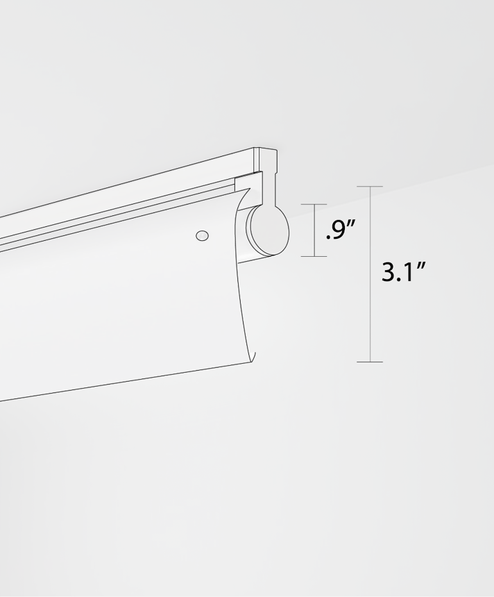 Alcon 12160-WW-S, surface linear ceiling light shown in silver finish, a tubular half-lit trim-less lens, and a curved wall-washing lens cap.