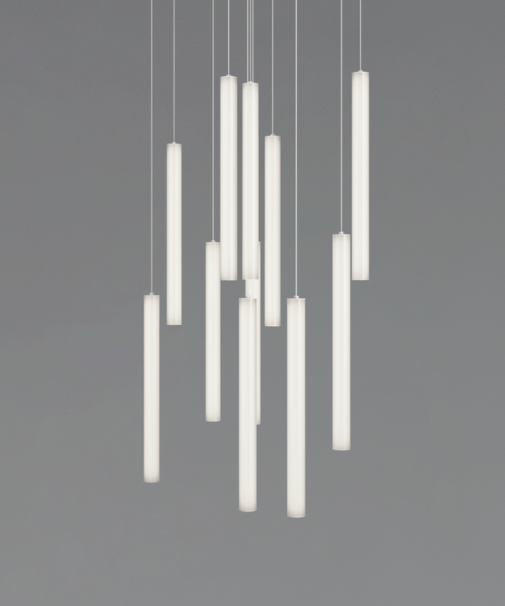 Alcon 12168-11 Linear pendant light shown with 11 cylindrical LED suspended tube lights.