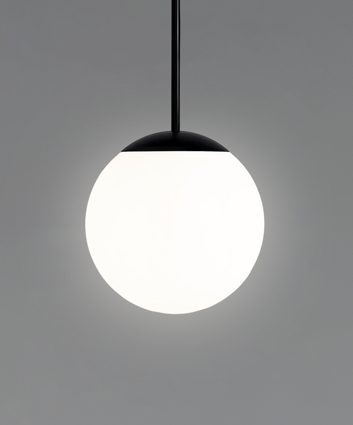 12215 globe pendant light shown in a black finish and with a white, heat-resistant, polyethylene globe