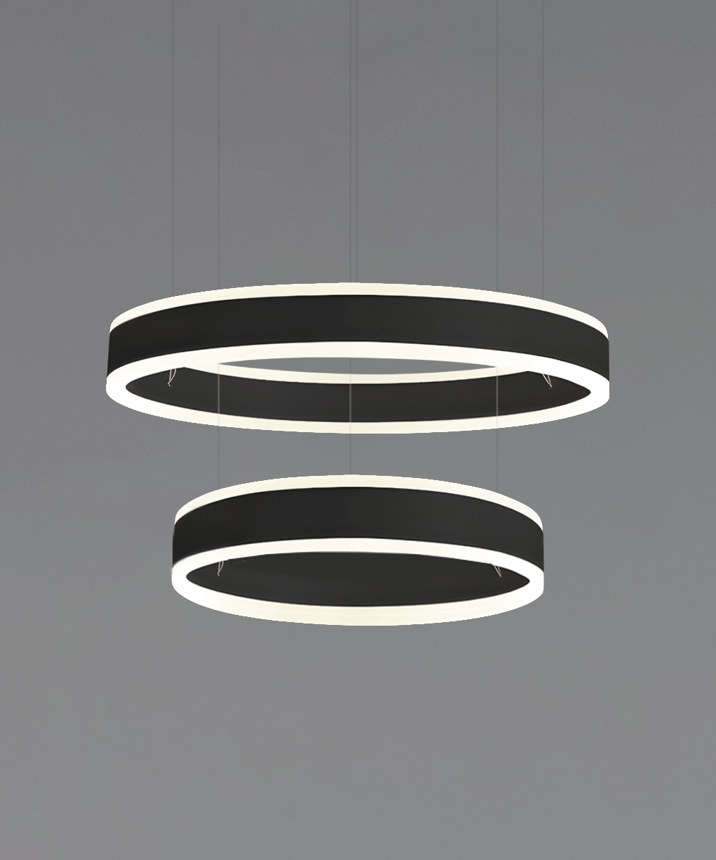 Alcon 12270-2-P, suspended commercial pendant light shown in black finish and with a flush trim-less lens.