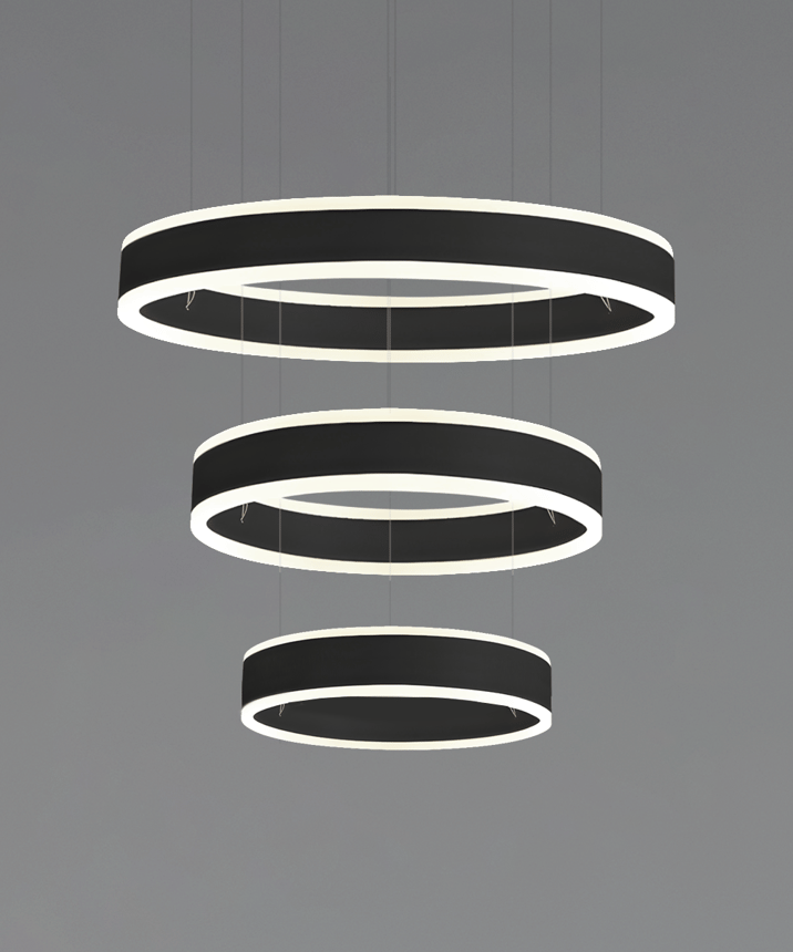 Alcon 12270-3-P, suspended commercial pendant light shown in black finish and with a flush trim-less lens.
