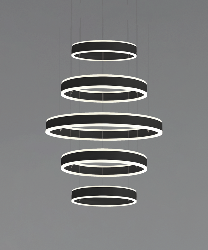 Alcon 12270-5-P, suspended commercial 5 tiered ring pendant light shown in black finish.