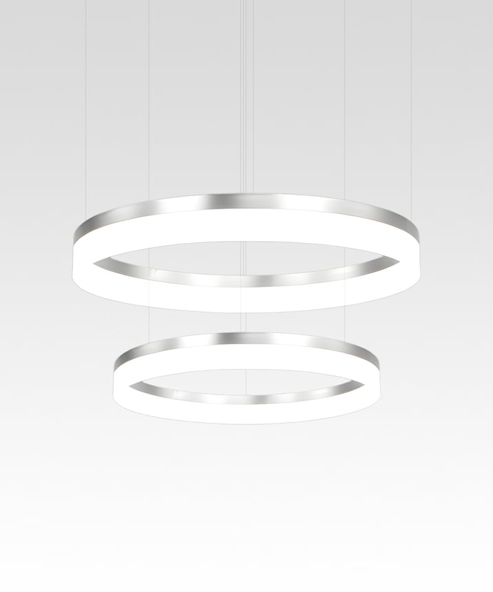 Alcon 12272-2-P, two-layered tiered suspended commercial ring pendant light shown in silver finish and with a flush trim-less lens.