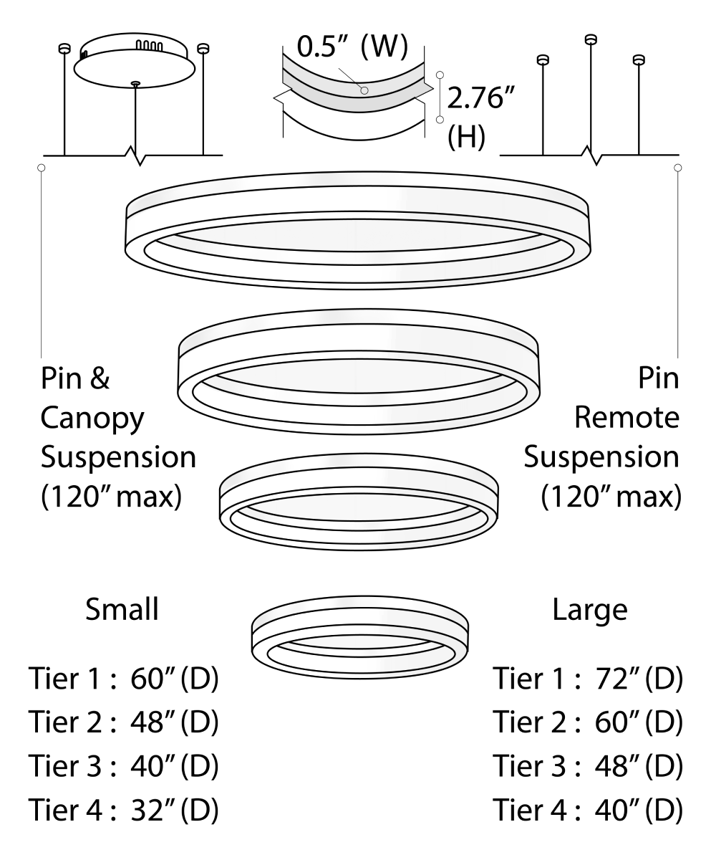 Alcon 12272-4-P, suspended commercial 4 tiered ring pendant light shown in silver finish.