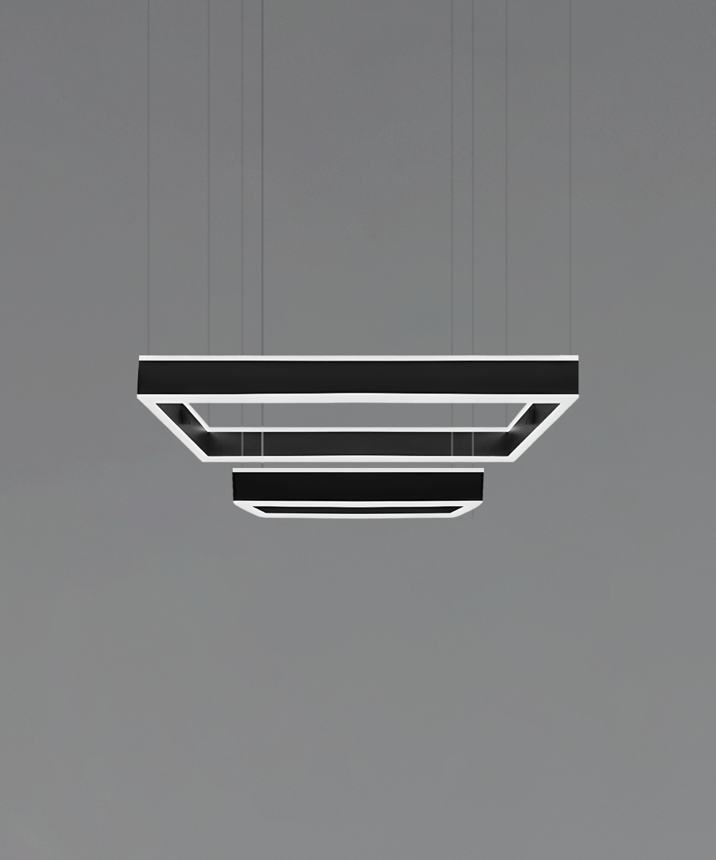 Alcon 12274-2-P, two-layered tiered suspended commercial rectangular pendant light shown in black finish and with a flush trim-less lens.