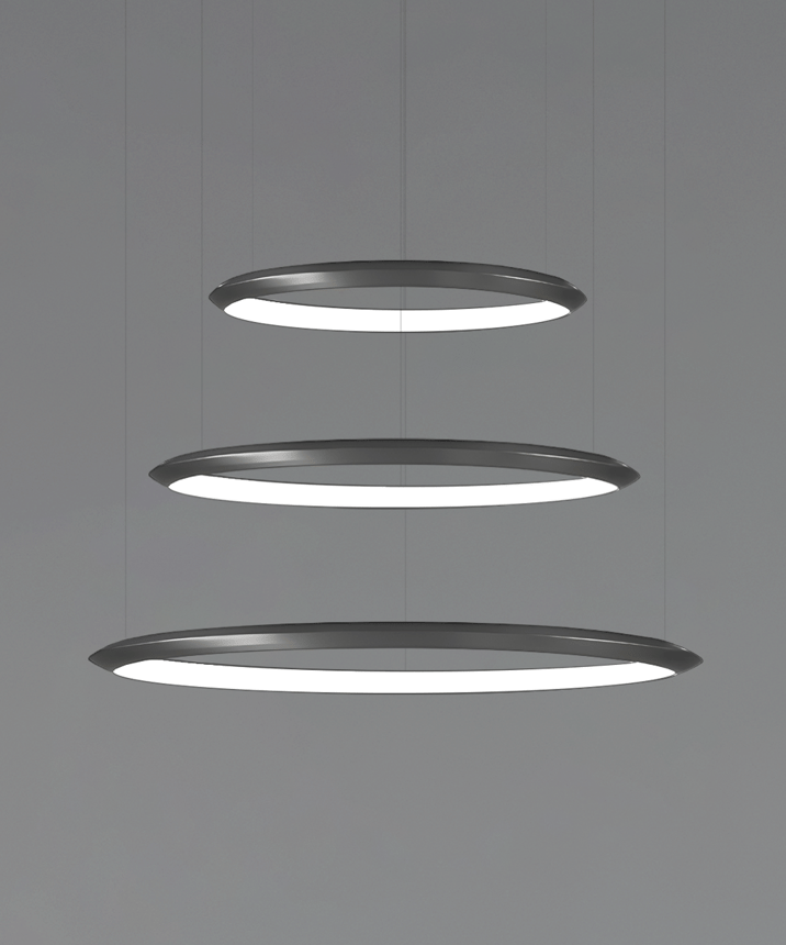 Alcon 12279-3-P, suspended commercial 3 tiered ring pendant light shown in black finish.