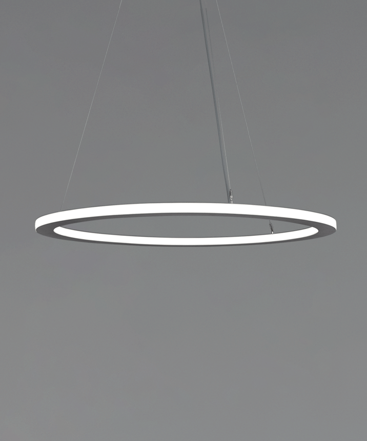 Alcon 12280-P, suspended commercial pendant light shown in silver finish and with a flush trim-less lens.