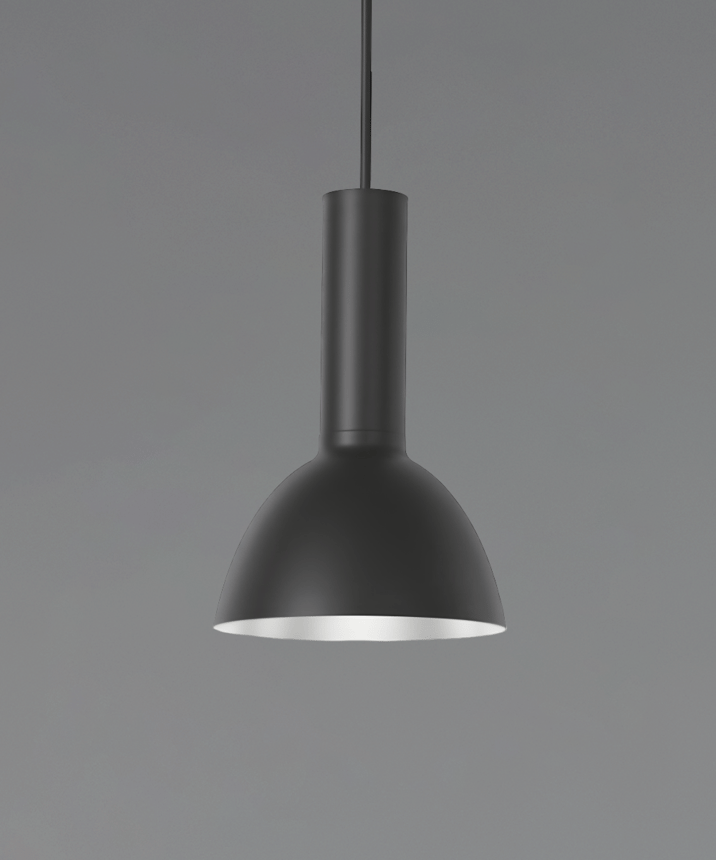 Alcon 12302-P-DM, suspended commercial pendant light shown in black finish and with a flush trim-less lens.