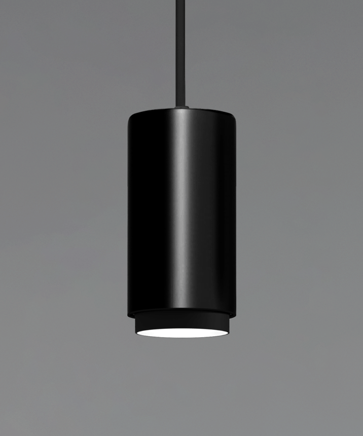 Alcon 12302-P-TGS, suspended commercial anti-glare shade cylindrical pendant light shown in black finish.