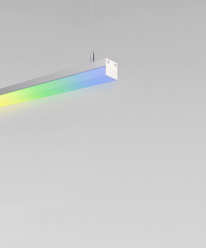 12100-10-P-RGBW suspended color changing pendant light shown with silver finish and side-wrapping lens