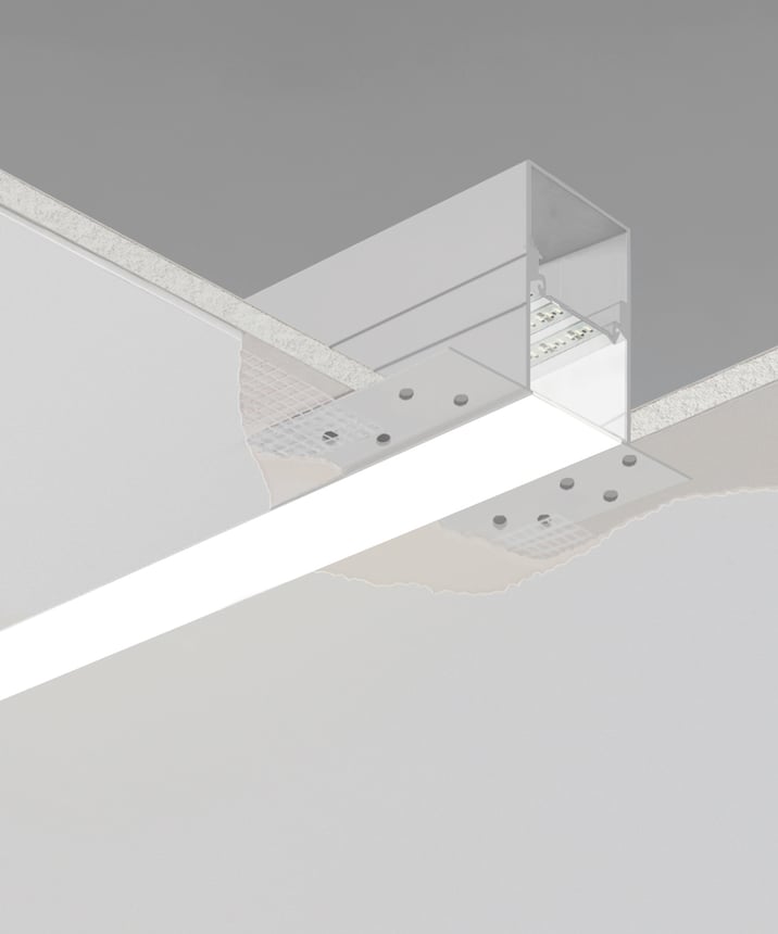 Product rendering of the 12100-21-R recessed linear LED light by Alcon Lighting shown with a trimless flat lens