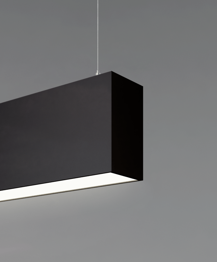 12100-20-P LED linear pendant light with black finish, 2.5-inch flush lens and aircraft cable suspension