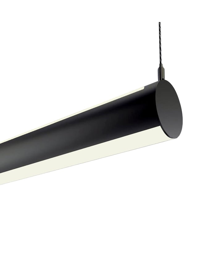 12100-R25 a 2.5" inch diameter linear tube pendant light shown in satin black finish with flush half-moon curved lens.