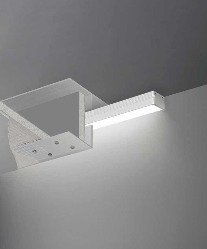 The 12108 architectural strip light, shown in a white finish with a flush trimless lens.
