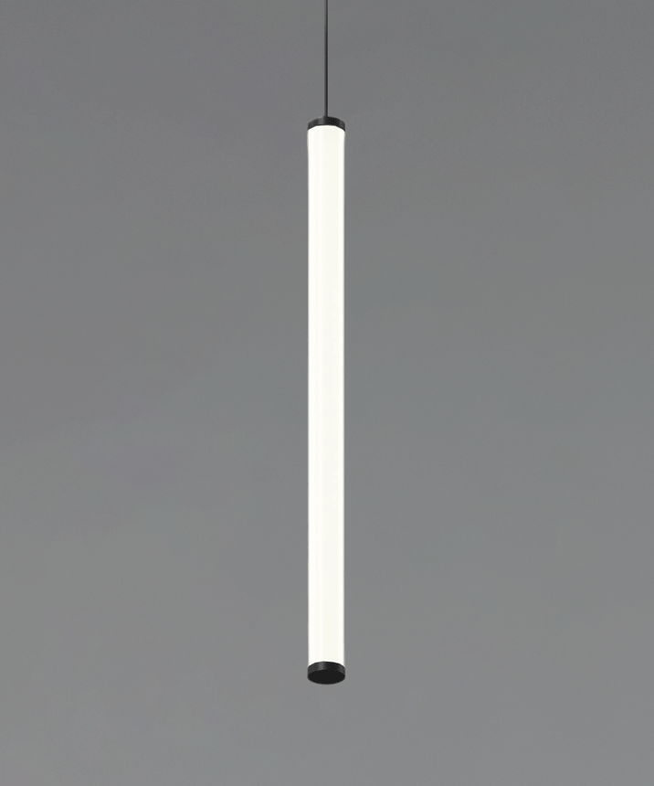 12143 vertical tube pendant light shown in black finish and with a vertical cylindrical lens.