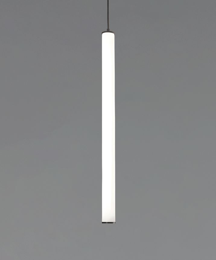 Alcon 12145 Suspended commercial vertical cylinder pendant shown with slim black end caps and 360 wrapping illuminated lens 