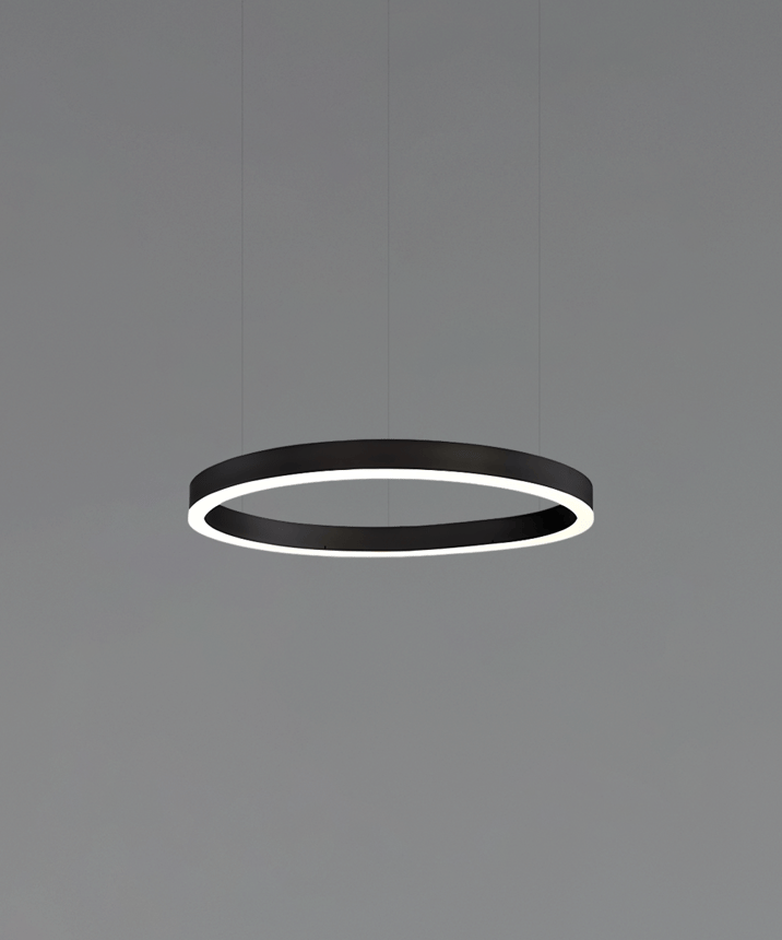 Alcon 12231-P, suspended commercial pendant light shown in black finish and with a flush trim-less lens.